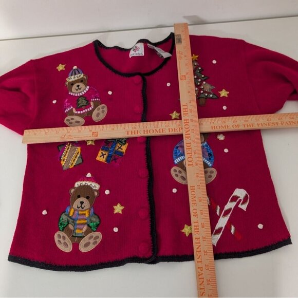 Nutcracker Teddy Bear Cardigan Womens Size Medium Red Embellished Ugly Christmas - Picture 10 of 12